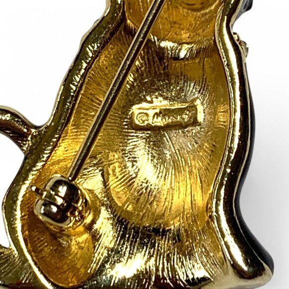 Monet Vintage Signed Black Cat Enamel Brooch With Rhinestone Collar & Green Eyes - Picture 3 of 7